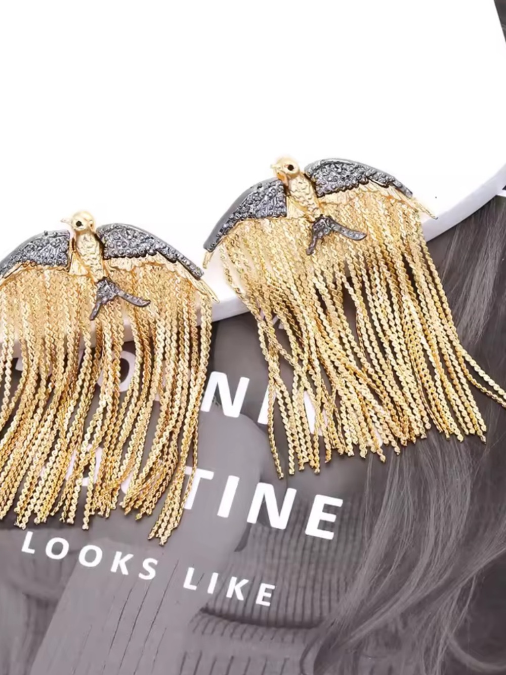 Gold and Silver Bird Fringe Statement Earrings